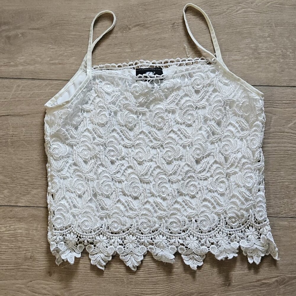 Fanny Vintage Y2K Ivory Crochet Lace Overlay Camisole Tank Top Womens Medium